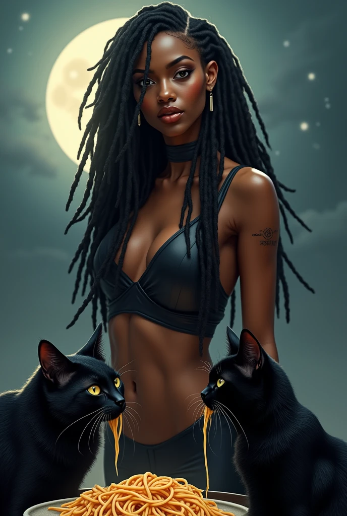 Sexy Egyptian Black Girl with full body dreadlocks, with 2 black cats, one of them eating spaghetti noodles, in the background a full moon.