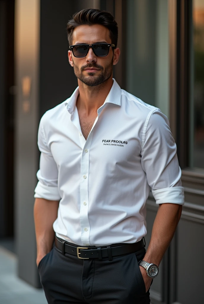 Man wearing shirts luxury brand name me show tag line live in style