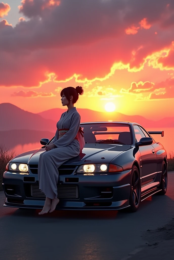 ((best quality)), ((masterpiece)), (detailed), Nissan skyline r33 with a japanese girl sitting on the bonnet with sunset background