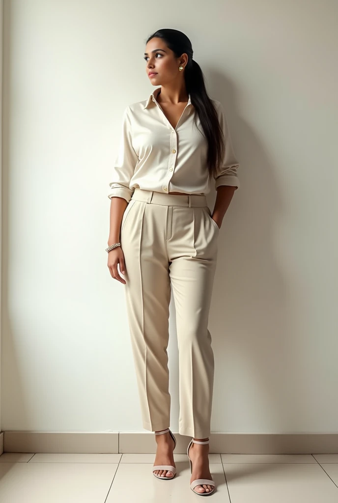 (photorealism:1.2), beautiful indian north indian married woman, 35yo, big boobs, standing against white wall at home with floor tiles, wearing semi-professional office shirt top with matching trouser, high covered heels, long straight hair pony, indoors, soft lighting, nothing in background, matching traditional footwear