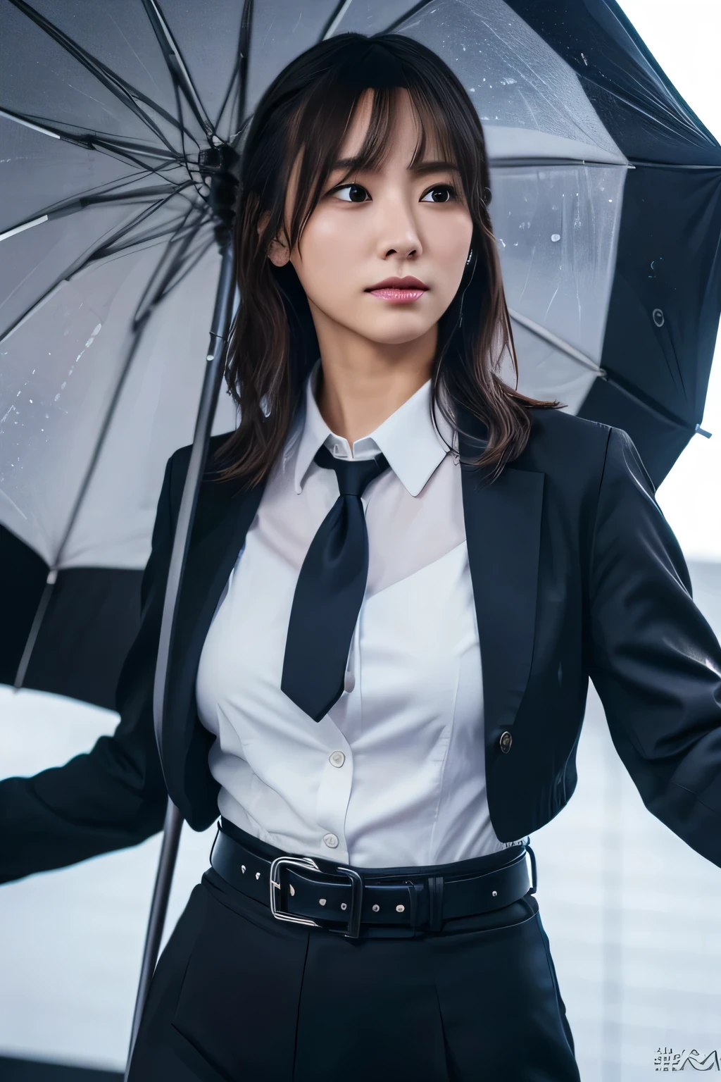 a woman in a suit, belt, hands behind back, sweating, suspenders, black pants, sexy, large breasts, see-through clothing, rain, heavy rain, detective, office worker, white button-up shirt, (best quality,4k,8k,highres,masterpiece:1.2),ultra-detailed,(realistic,photorealistic,photo-realistic:1.37),hyper-detailed,highly detailed face and body, スレンダー　細い　サスペンダー　大きい胸　透けたシャツ　