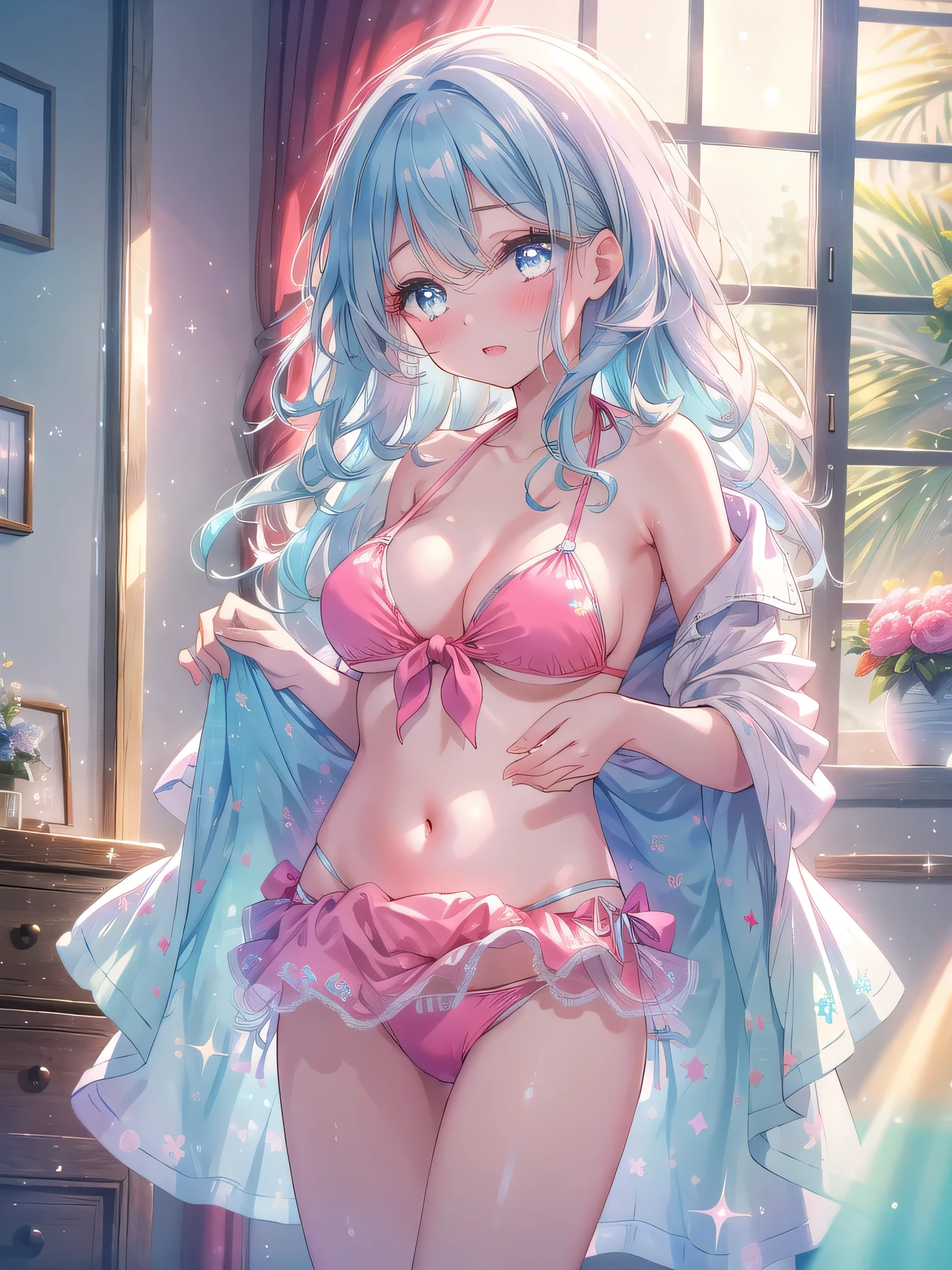 ((8k, Highest quality, masterpiece: 1.3)),Ultra-high resolution,(1 girl, alone), (Color changing eyes, Ultra-detailed, Expressive brilliance, Glitter, Glowing Eyes), Highly detailed eyes, Highly detailed face, Random Hair, ((pastel colour)), A carefree young woman with pastel blue hair styled into loose waves, standing by the mirror in her softly lit bedroom during the peaceful light of late morning. She is wearing a coral bikini, and as she adjusts the straps on her shoulders, (the knot of her bikini top suddenly comes undone, causing it to slip down slightly). Her cheeks flush red with surprise as she quickly presses the top against her chest with both hands. The camera captures her from a low, frontal angle, emphasizing her flustered expression and the serene, sunlit atmosphere of the room.