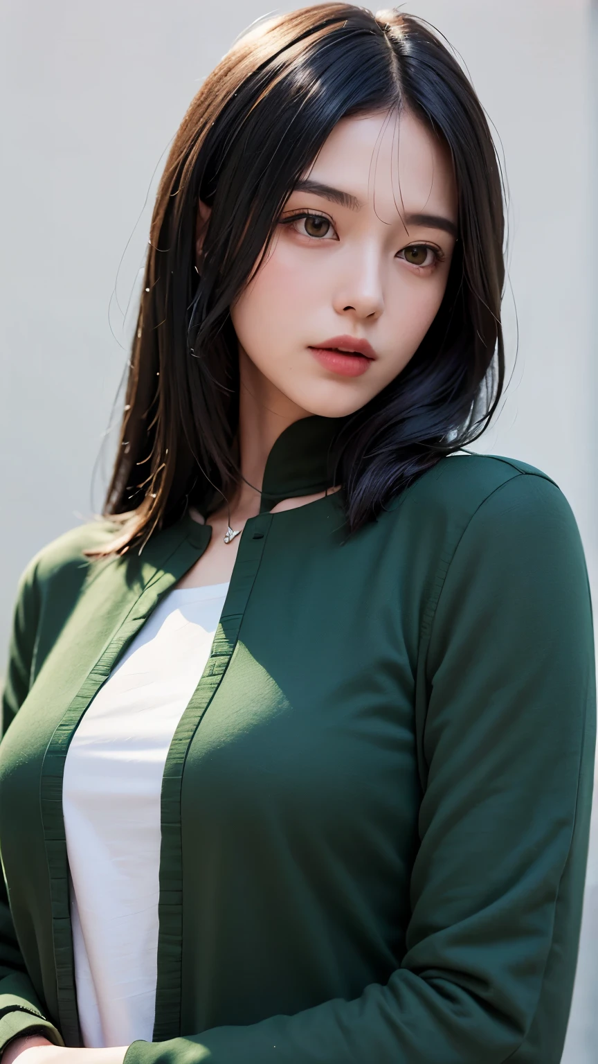 Green clothes、Green and black two-tone hair、Highest quality, masterpiece, Ultra-high resolution, (Realistic:1.4), RAW Photos, one person's, Off the shoulder, In the Dark, Deep Shadow, Moderate, Night Alley, short hair, roadside,walk, 20-year-old,Cute Face, Small breasts, Tight shirt,(head shot:1.5)