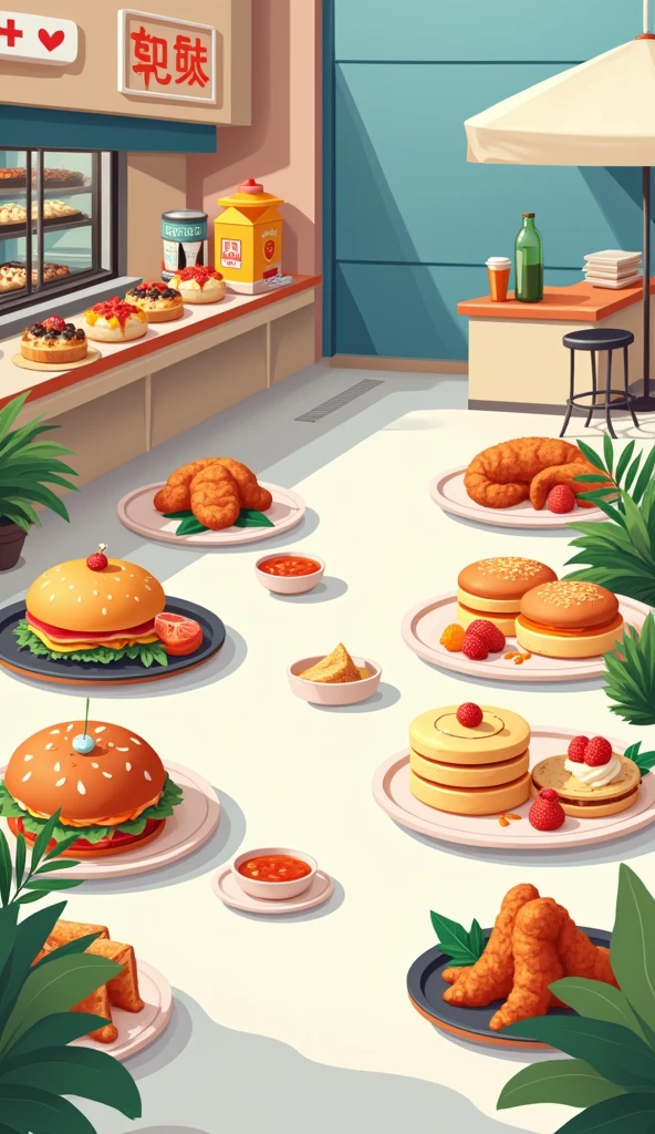 modern style，Flat设计，All kinds of food，Hamburger，sushi，steamed stuffed bun，Fried chicken，pancakes，cake，Salads, etc.，Minimalist style，Non-realistic style，Flat，flat style，Cool colors