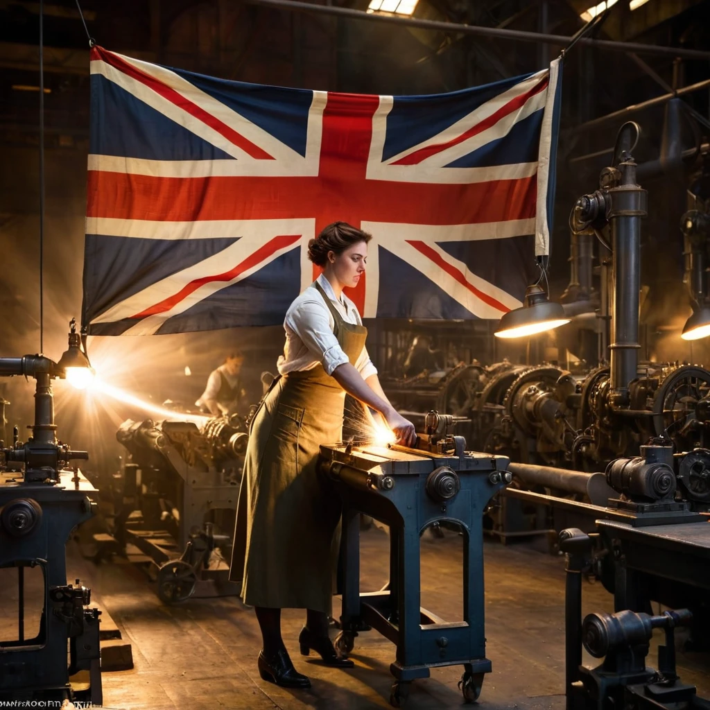 An image, with women working in the industry of the First World War, in England, with the flag of England, Captivating, Professional Studio Lighting, Expertly lit, The scene is filled with a sense of urgency, factory, big machines, women, shaft of light from above,
