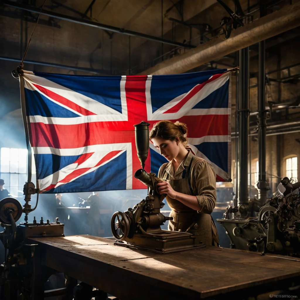 An image, with women working in the industry of the First World War, in England, with the flag of England, Captivating, Professional Studio Lighting, Expertly lit, The scene is filled with a sense of urgency, factory, big machines, women, shaft of light from above,