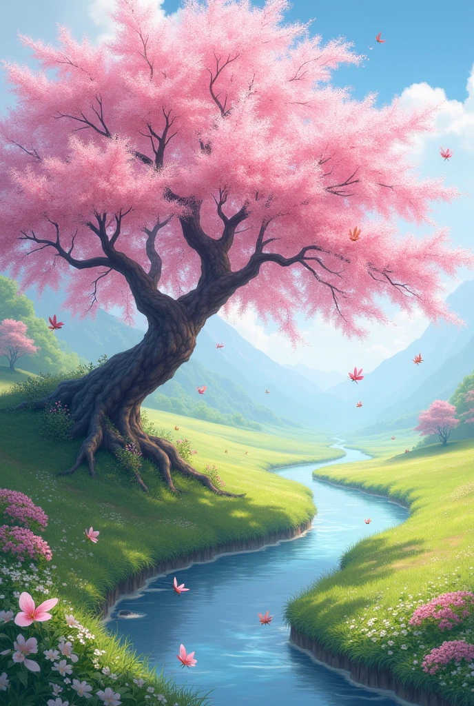 Label with a Japanese cherry tree, a watercourse, a flowery meadow and insects