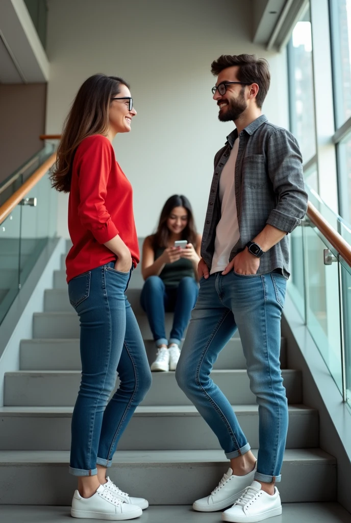 1 girl and 1 couple is sitting on the wide stairs in office area and talking, the girl is wearing a red top and jeans and specs and the boy is wearing a grey check shirt and jeans and both are wearing white shoes, but wearing smart watch, a friend of both of them is also sitting with them, she is using her phone. She is sitting on the stairs one below them, boy talking to red top girl