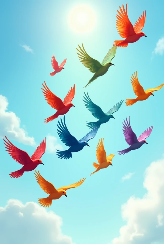 Create a flock of colorful birds flying overhead. Use vibrant hues for their feathers and position them in various flying poses to convey harmony and liveliness.