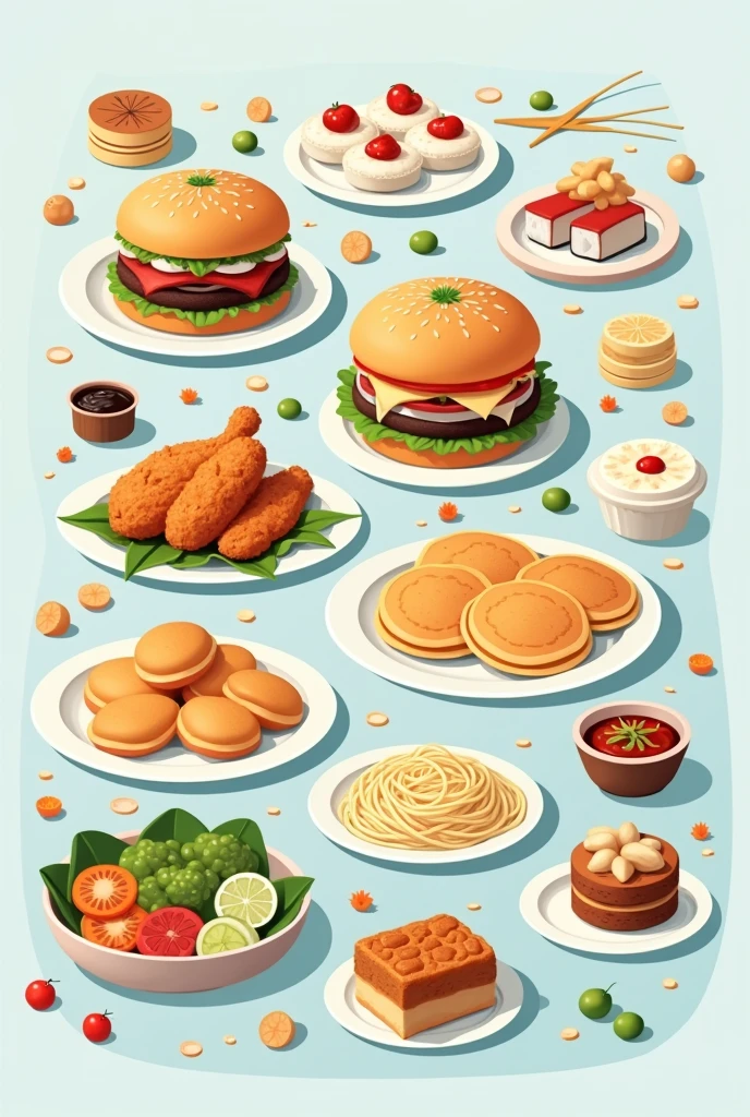 modern style,Flat设计,All kinds of food,Hamburger,sushi,steamed stuffed bun,Fried chicken,pancakes,cake,Hand-Pulled Noodle,Salads, etc.,Minimalist style,Non-realistic style,Flat,flat style,Cool colors
