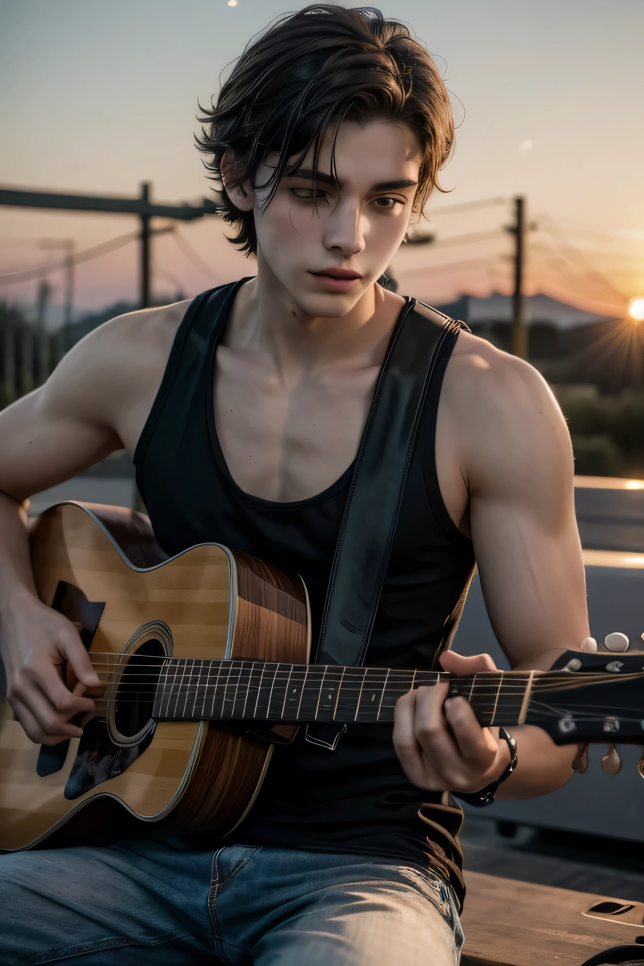Young Man in Black Tank Top Playing His Guitar at Sunset