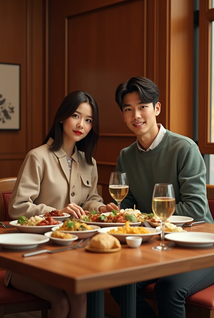 ((Highest quality、、masterpiece:1.3))、1 male 1 female、42 years old 44 years old、Slim Beauty、beautiful couple、smile、(Shortcuts), テーブルのフルコースディナーとwine glass、Amazing view of the sunset sky and clouds、smileの美しさ、Wine bottle、sparkling wine、Long sleeve shirt、dress、White wine, red wine, wine glass,