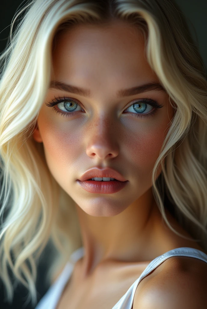 Belle blonde metise aux yeux bleu âgé entre 18 et 25 ans hyper realist et regardant droit la caméra