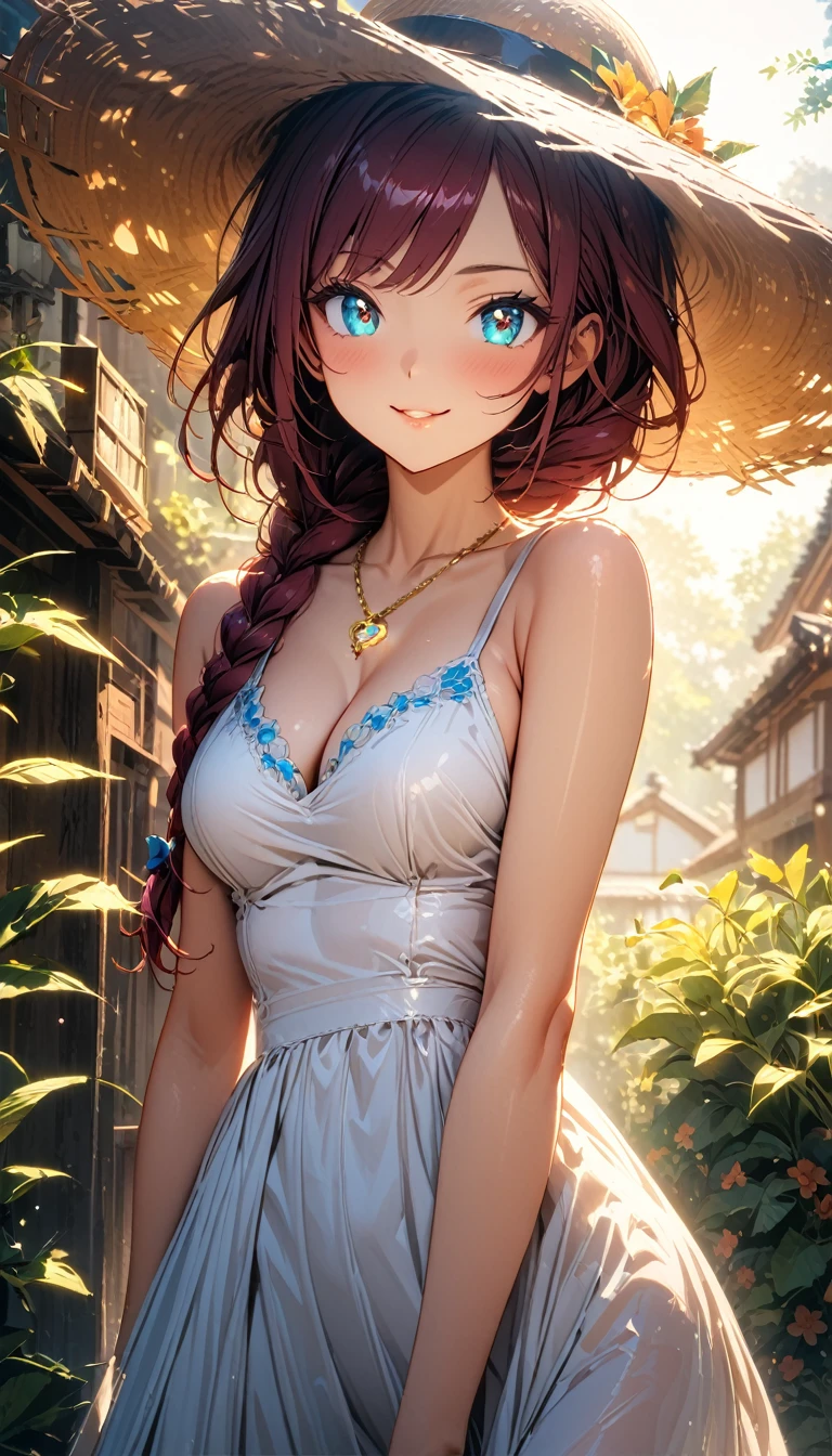 (masterpiece, very aesthetic:1.4), best quality, incredibly absurdres, Accurate, intricate, 8K, stunning, stylized,
ultra-detailed, (incredibly detailed:1.2), fine texture,
cinematic, recent, (vibrant:1.2), (clear pictures, clean lines, crisp edges), illustration, (soft lighting:1.2),
cowboy shot,
BREAK
1 beautiful girl, 18yo, small face, beautiful detailed face, narrow waist, The beauty and danger of growing from a girl to an adult, A symbol of miraculous beauty, Graceful posture, sensual, bewitching woman, (cleavage:0.8),
(burgundy hair, a long single braid hair:1.4), asymmetrical bangs, smooth hair,
BREAK
(aqua blue eyes), black oblong pupils, (slant eyes, glass-like sparkling eyes are blurry and dreamy, beautiful detailed eyes, growing eyes, long delicate eyelashes, Meticulous Eyelash Details),
BREAK
(white camisole Dress, Sleeveless, big straw hat:1.3), (a tiny heart-shaped golden colored ring pendant:1.4),
BREAK
A small, rural Japanese village under the intense summer sun,
In front of an old-fashioned, nostalgic dagashi candy shop, (drinking cold blue Ramune soda directly:1.2), the glass bottle sweating in the heat,
The scene is a mix of bright light and deep shadows, emphasizing the scorching heat and the refreshing moment,
BREAK
gorgeous lips, natural pink lips, beautiful detailed lips, Glossy,
(seductive smile:1.3), perfect eyes,