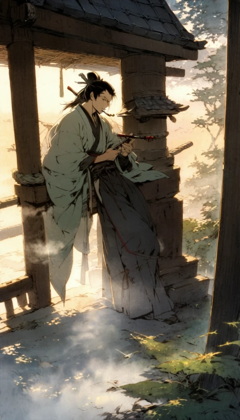 "A samurai leaning against a wooden pillar, casually smoking a pipe. The smoke drifts upwards, blending with the early morning mist."
