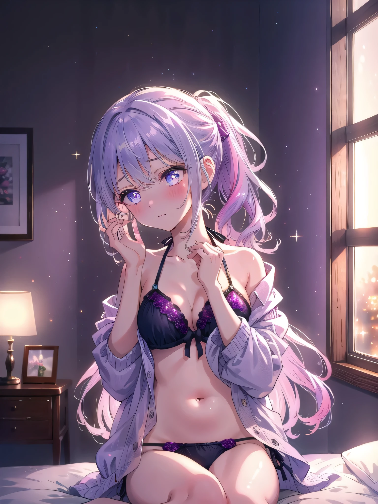 ((8k, Highest quality, masterpiece: 1.3)),Ultra-high resolution,(1 girl, alone), (Color changing eyes, Ultra-detailed, Expressive brilliance, Glitter, Glowing Eyes), Highly detailed eyes, Highly detailed face, Random Hair, ((pastel colour)), A shy young woman with pastel lavender hair styled into a loose ponytail, sitting on her bed in her dimly lit bedroom during the peaceful evening hours. She is wearing a dark purple bikini, and as she gazes out of the window, (she gently slips her hand inside the bottom of her bikini, adjusting it with a slightly embarrassed expression). The camera captures her from a side angle, focusing on her subtle blush and the calm, intimate atmosphere created by the soft, warm lighting in the room.
