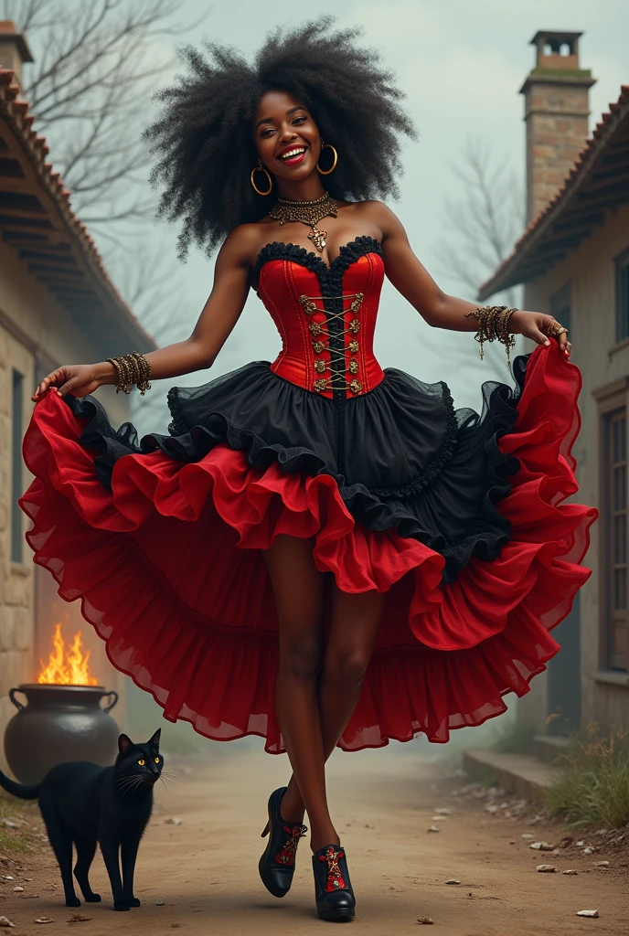 Realistic image of a Black woman, with black curly hair, with a smile on her face with red lipstick, wearing gold earrings, black polka dot necklace, red and transparent with a cross at the base of the necklace. In one hand she is stretching her skirt. Her outfit is a red corset with gold details., a red and black skirt with gold details and seven ruffles, the girl appears spinning. In the background a dirt road with a light gray sky, On the ground of the road a cauldron lit with a black cat.