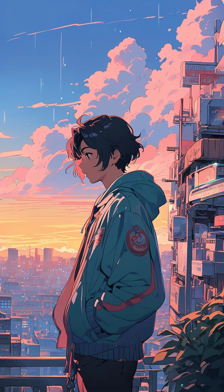 (extremely detailed CG unity 8k wallpaper), (best quality), (best illustration), (best shadow), realistic lighting, beautiful detailed reglow, masterpiece, best quality, lofi artstyle, lofi art, city, town, 80s anime style, Retro, Lo-Fi, 1boy, black hair, cloud, from side, hood, jacket, male focus, messy hair, outdoors, profile, rain, short hair, sky, solo, sunset, upper body
