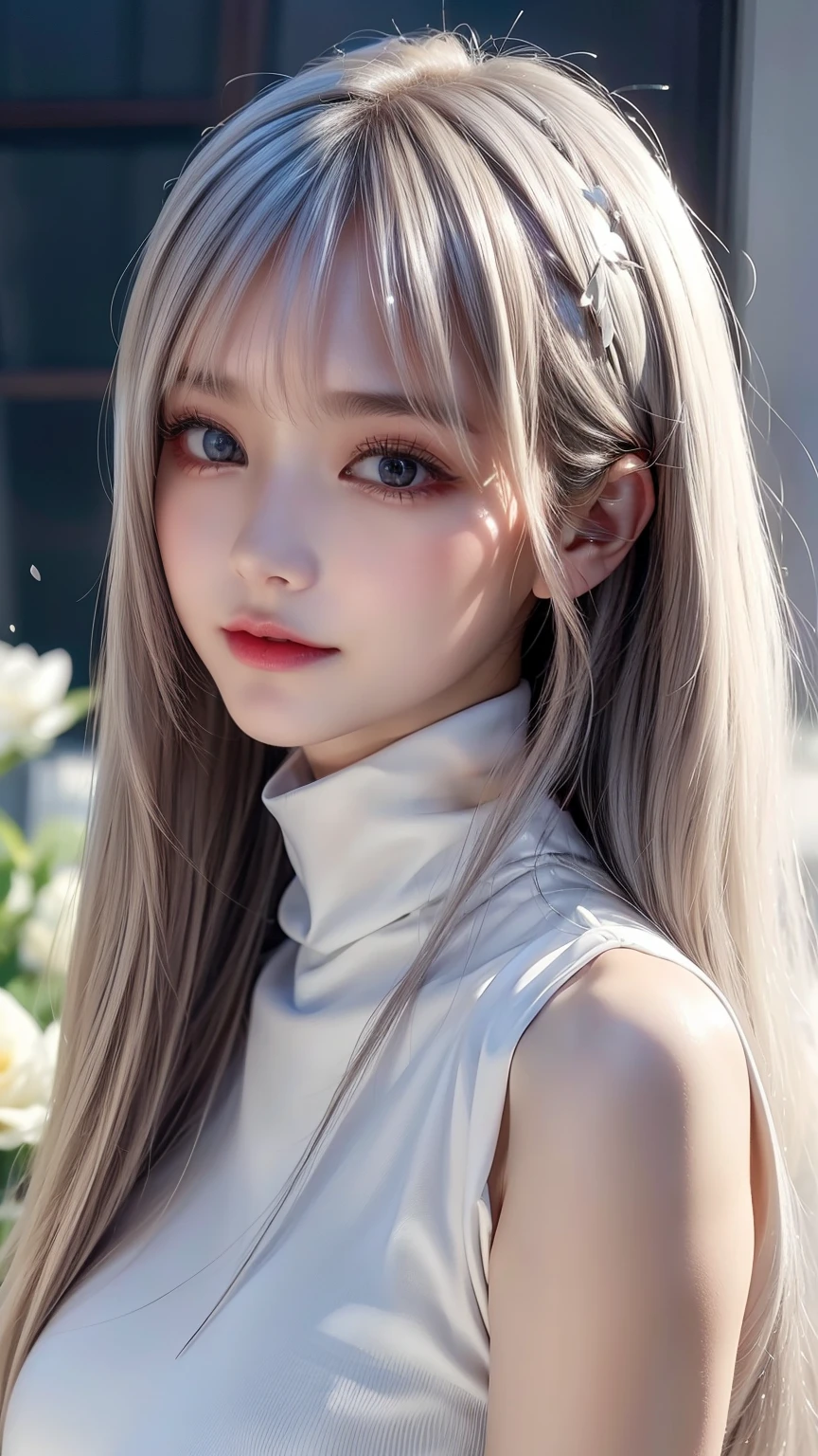 ((From the waist up))((masterpiece:1.5、8k、Portraiture、Photorealistic and highly detailed CGI、Very detailed、Particle Effects、Dynamic Effects、Written boundary depth、Cinematic Light、Lens flare、Ray Tracing、Tabletop、Realistic:1.4、Ultra-high resolution:1.2、Realistic、Realistic))((alone、,Woman in turtleneck dress:1.4、Model-like pose:、Side bust、Ample breasts、Detailed face、brightexpression、young, bright, Whiter skin、Best Looks、Ultimate beauty、White hair with glossy highlights:1.8、bright and shiny hair,、Super long, Silky straight hair、Hair swaying in the wind))(Wonderful transparent flowers々Surrounded by、White Background、Great background、Delicate petals fluttering down)
