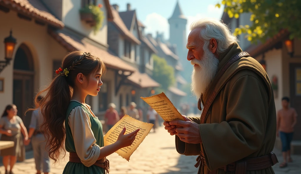 A young, curious girl named Elara stands in a quaint village square in the medieval countryside. She is looking at an old man with a trembling hand holding out a mysterious parchment. The parchment is written in an ancient, unknown script, and there is a glint of curiosity in Elara’s eyes