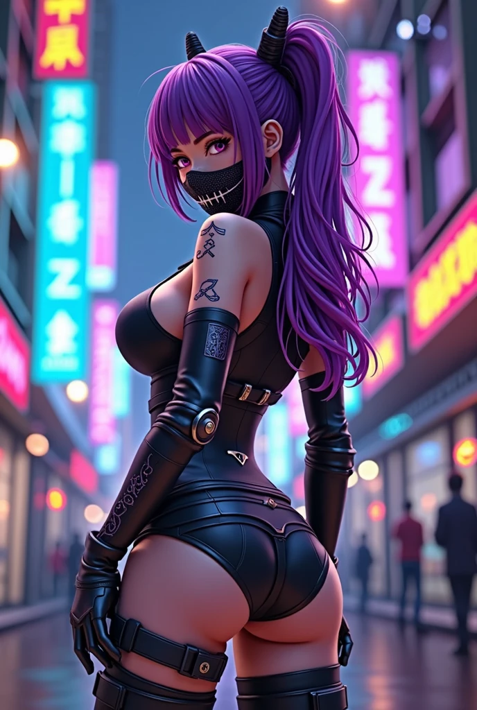 A beautiful anime girl with purple hair, sexy cyberpunk style, wearin mouth oni mask, neon lights, and high-tech clothing, big boobs, big ass, beatiful legs high boots, She is facing away from the camera, looking down at the lens, with her entire body visible.