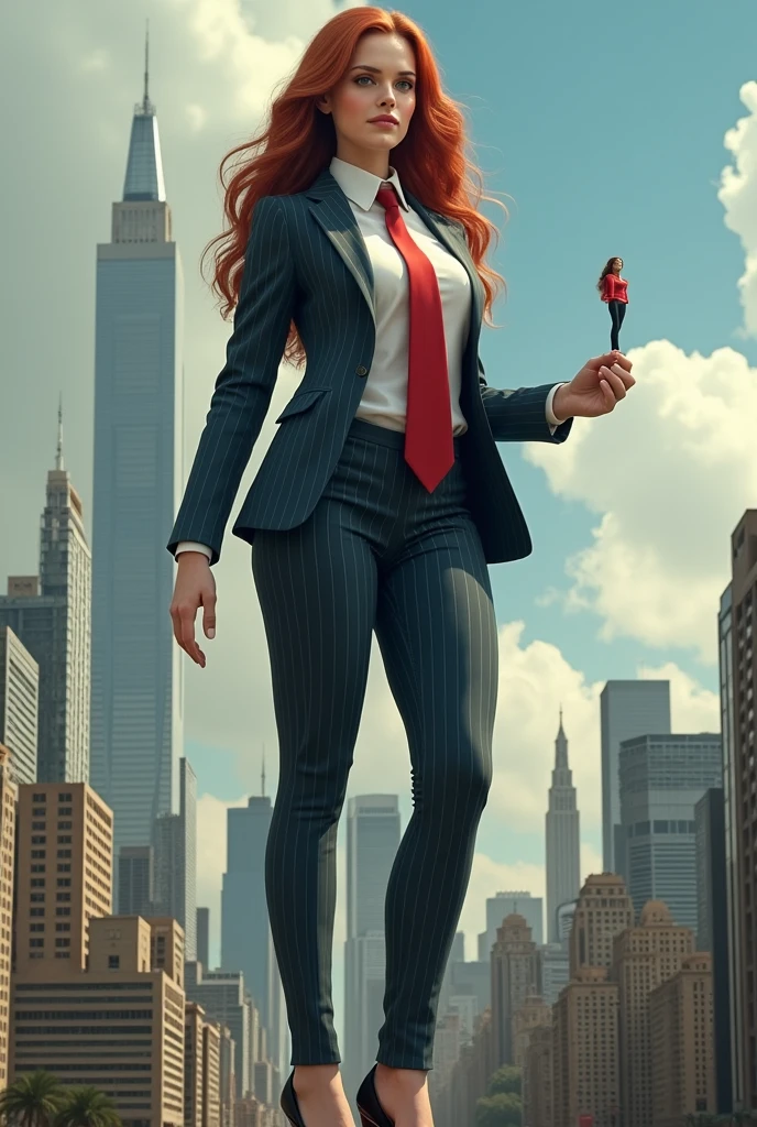 Highly detailed Giantess shot, Giantess, Emma Watson, multiple women who are miles taller than a skyscraper, holding skyscraper in hand, big breasts, hourglass figures, long red hair, pinstriped suit, white shirt, huge red tie Windsor knot, high heels, very small metropolis, miniature metropolis, crush the big city, full body description, ＧＴＳ, Giga Goddess, Stomping City, crash city, micro city, High resolution, highest quality, masterpiece, 