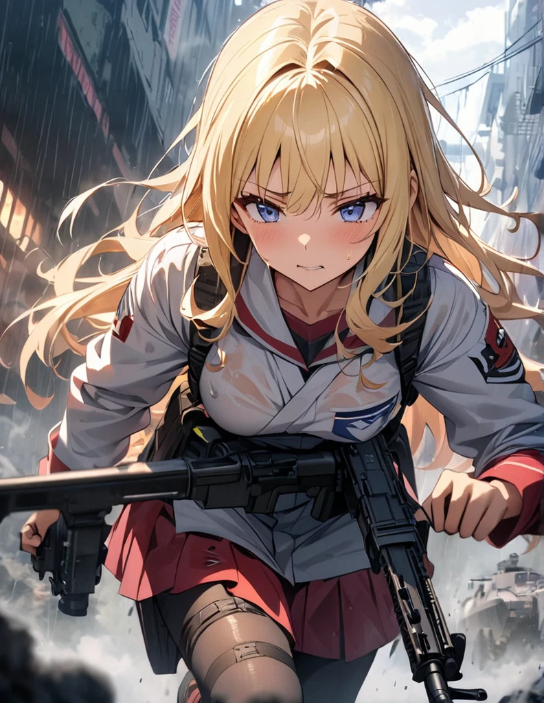 (anime)、(masterpiece:1.2),Atmospheric perspective,Lens flare、Fog of Battlefield、, Makes the world look grey、When it rains, The female soldier is crouching.。With an irritated look on his face, he vows revenge..。Rain-soaked hair、blonde、blue eyes、Space Battleship Yamato、Traces of fierce fighting are everywhere、Smoke rising from everywhere、A work of blurry color M4 Carbine,Possession of a gun