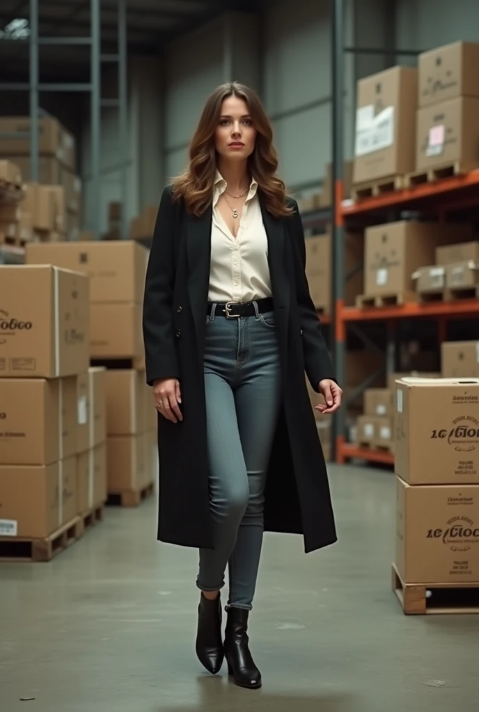 40th anniversary color photograph (German woman:1.3), chic, (inside a stock with boxes:1.3), during the day, flat lighting, (Smooth Saturation:1.2), analog style,