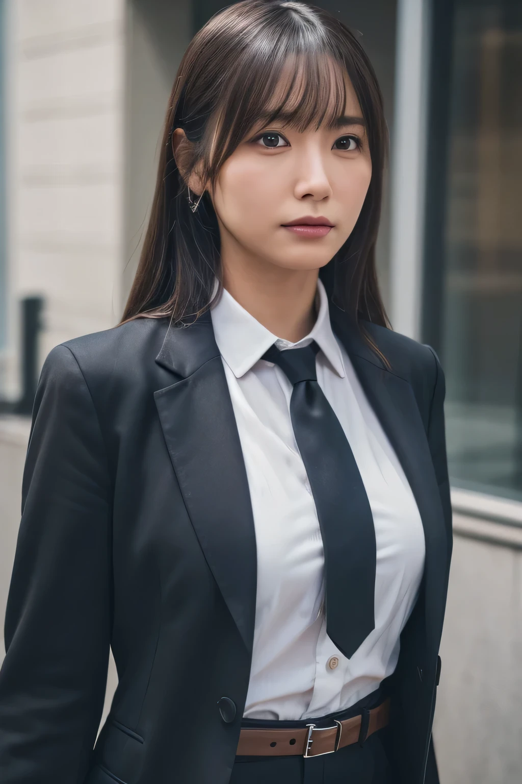 a woman in a suit, belt, hands behind back, sweating, suspenders, black pants, sexy, large breasts, see-through clothing, rain, heavy rain, detective, office worker, white button-up shirt, (best quality,4k,8k,highres,masterpiece:1.2),ultra-detailed,(realistic,photorealistic,photo-realistic:1.37),hyper-detailed,highly detailed face and body, スレンダー 細い サスペンダー 大きい胸 透けたシャツ