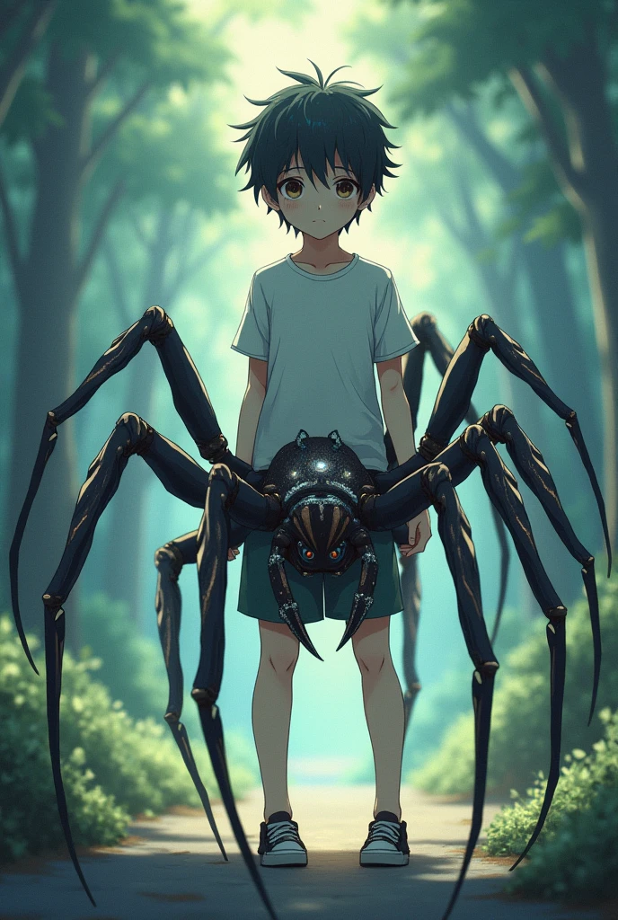 A boy's lower_body is becomed spider(Japanese anime style)(eight legs)(entire spider_body)