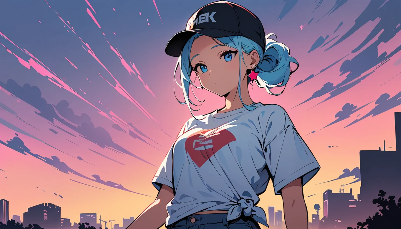 (high quality, 8k, 4K, High Contrast, masterpiece:1.2, 最high quality, Best aesthetics), (Dynamic Angle), ((1 female teen)), ((Plain and bright background)), ((Flat Color)),(Firing attack magic from his hands), (Plain white T-shirt on the upper body), (jeans), Looking at the audience, Upper Body, Transparent Background, Sleepy eyes, High Contrast, Contrasting colors, Cowboy Shot, Pale pink and blue lighting, Long Hair, ((Tied Hair)) , Light blue hair, Small star-shaped earrings in both ears, Wearing a baseball cap, watch, bright eyeshadow, Cool look, Small Tits, Her bra is slightly visible through her T-shirt , Clothes wet from the rain. Raining background,