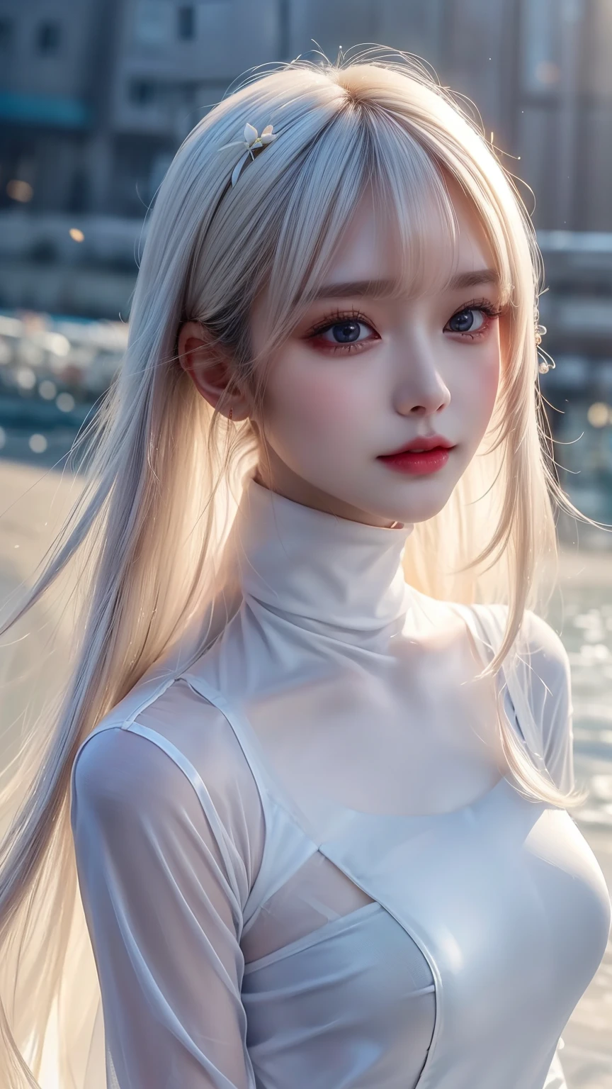 ((From the waist up))((masterpiece:1.5、8k、Portraiture、Photorealistic and highly detailed CGI、Very detailed、Particle Effects、Dynamic Effects、Written boundary depth、Cinematic Light、Lens flare、Ray Tracing、Tabletop、Realistic:1.4、Ultra-high resolution:1.2、Realistic、Realistic))((alone、,Woman in turtleneck dress:1.4、Model-like pose:、Side bust、Ample breasts、Detailed face、brightexpression、young, bright, Whiter skin、Best Looks、Ultimate beauty、White hair with glossy highlights:1.8、bright and shiny hair,、Super long, Silky straight hair、Hair swaying in the wind))(Wonderful transparent flowers々Surrounded by、White Background、Great background、Delicate petals fluttering down)