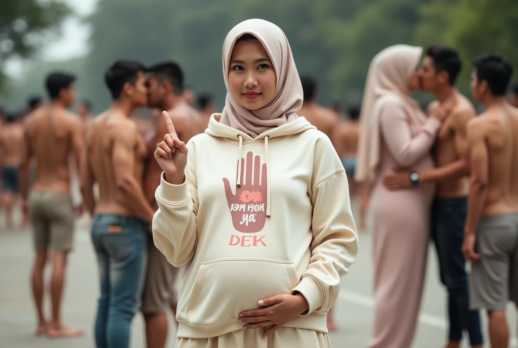 Pregnant, A hijaber indonesian pretty woman, wearing a cream hoodie with a strong vector design featuring a silhouetted image of a five-fingered palm in pastel colour with love and light. The phrase "STOP FREE SEX" is displayed in bold simple elegand, distressed typography with pastel colours, while holding her long skirt, wearing hijab, one-handed pose pointing upwards, in a public place, surrounded by many naked couples making love, jav idol, with front shooting angle, very realistic, (complex detail: 0.9), (hdr, hyperdetail: 1.2), RAW, Sony Alpha a9 II, 24-105mm f/4, HDR,