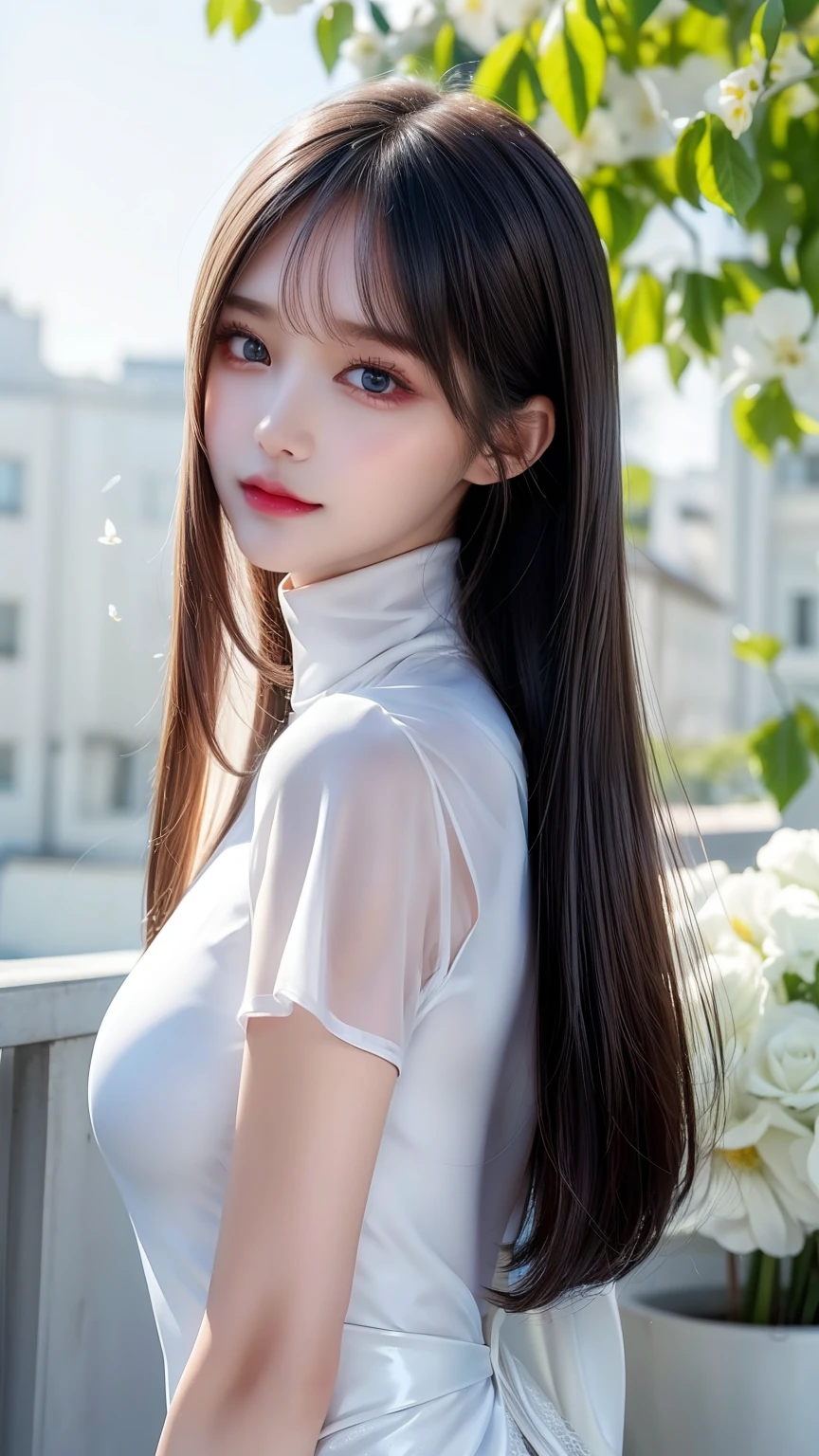 ((From the waist up))((masterpiece:1.5、8k、Portraiture、Photorealistic and highly detailed CGI、Very detailed、Particle Effects、Dynamic Effects、Written boundary depth、Cinematic Light、Lens flare、Ray Tracing、Tabletop、Realistic:1.4、Ultra-high resolution:1.2、Realistic、Realistic))((alone、,Woman in turtleneck dress:1.4、Model-like pose:、Side bust、Ample breasts、Detailed face、brightexpression、young, bright, Whiter skin、Best Looks、Ultimate beauty、White hair with glossy highlights:1.8、bright and shiny hair,、Super long, Silky straight hair、Hair swaying in the wind))(Wonderful transparent flowers々Surrounded by、White Background、Great background、Delicate petals fluttering down)