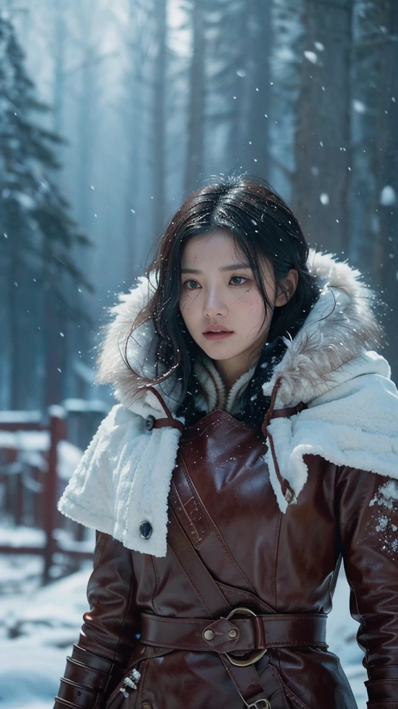cinematic still stunning warrior stands tall amidst the chaos of a snow-shrouded battlefield, fur-lined cloak and distressed leather armor covering from the neck down, battered and bloodied, muscles rippling beneath her skin, ruthless efficiency, snow swirling around her in a maelstrom, the clash of warrior echoing through the howling wind, (style of Wlop, Tyler Edlin, Jesper Ejsing), z3ndaya. emotional, harmonious, vignette, highly detailed, high budget, bokeh, cinemascope, moody, epic, gorgeous, film grain, grainy, dark and unsettling dream showing . best quality, high resolution. created by genius but depressed mad artist. grim beauty