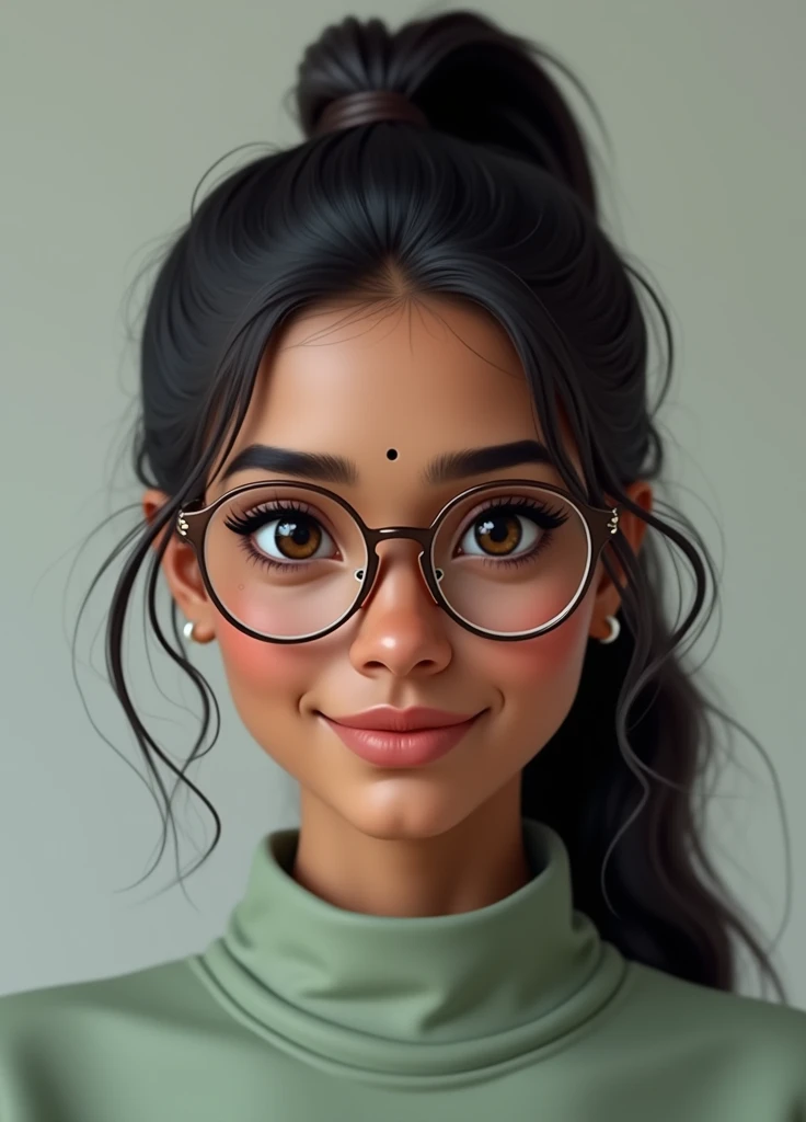 indian 23 years old Lady, Dark Brown skintone, almond eyes, simple glasses, High ponytail, sage high neck shirt, simple spectacles, Arched sharp eyebrows, simple upside down smile with mouth corner dimples, No bindi, photorealistic, potrait