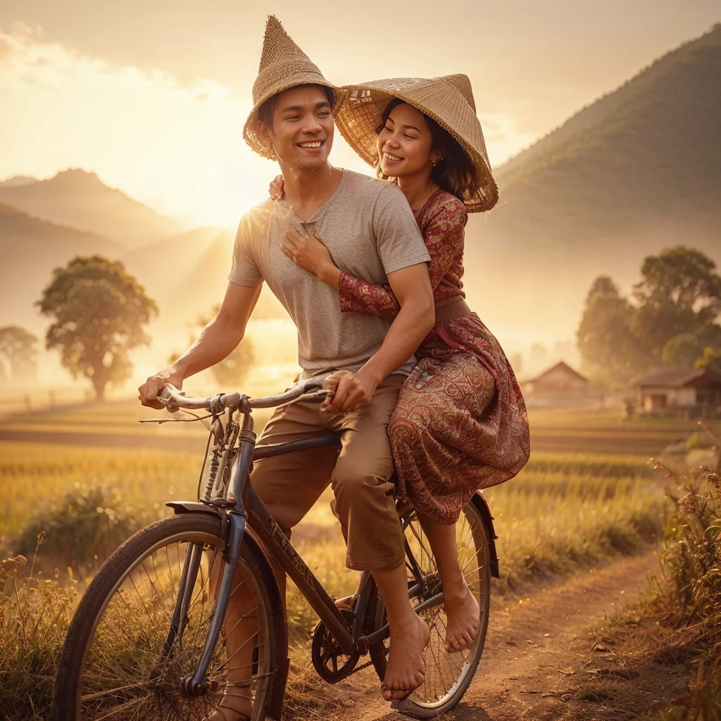 Charming and bright realistic photos that transport you to the serene Indonesian countryside. In the foreground, a husband and his young wife ride an old bicycle, the husband wearing a silver T-shirt, dirty blue trousers, and a conical hat, and the wife wearing a worn red kebaya, dirty sarong, and a bright smile as she her husband was riding behind her. The backdrop features mountains and trees, with golden afternoon sunlight bathing the scene in a warm and inviting light. Cute brown ducks foraging in the rice fields add a touch of liveliness to the picturesque setting. Visible brushstrokes give the painting an authentic charm, encapsulating the essence of family ties and a peaceful rural setting., photography