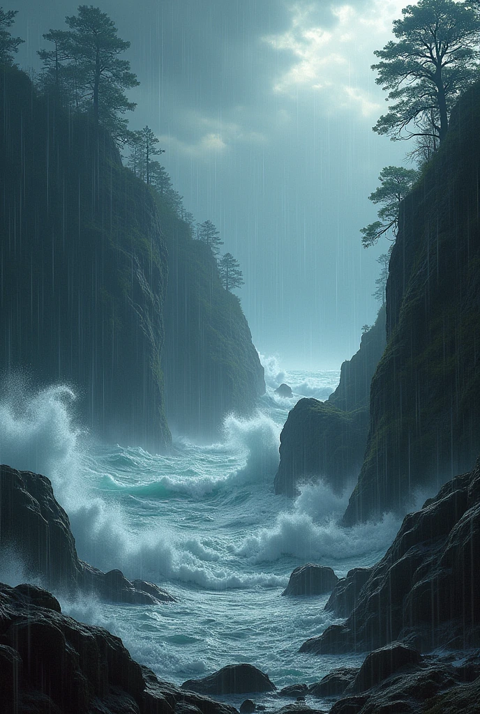 
A scene showing strong winds blowing trees, heavy rain causes flooding, and big waves crashed on the shore.

