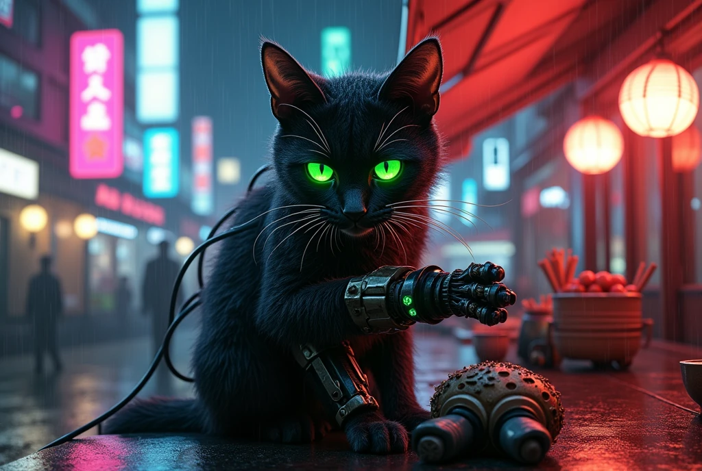 A Hollywood movie poster, text at themiddle says "GROK 2 FLUX" ,Masterpiece, 4k, 8k, high quality, highly detailed, concept art, A cyberneticly enhanced cat, glowing neon green eyes, cables on back, robotics, one paw is metalic, looking at viewer, sitting on a bar of a noodle shop, grooming itself, cyberpunk setting, raining, neon lights,