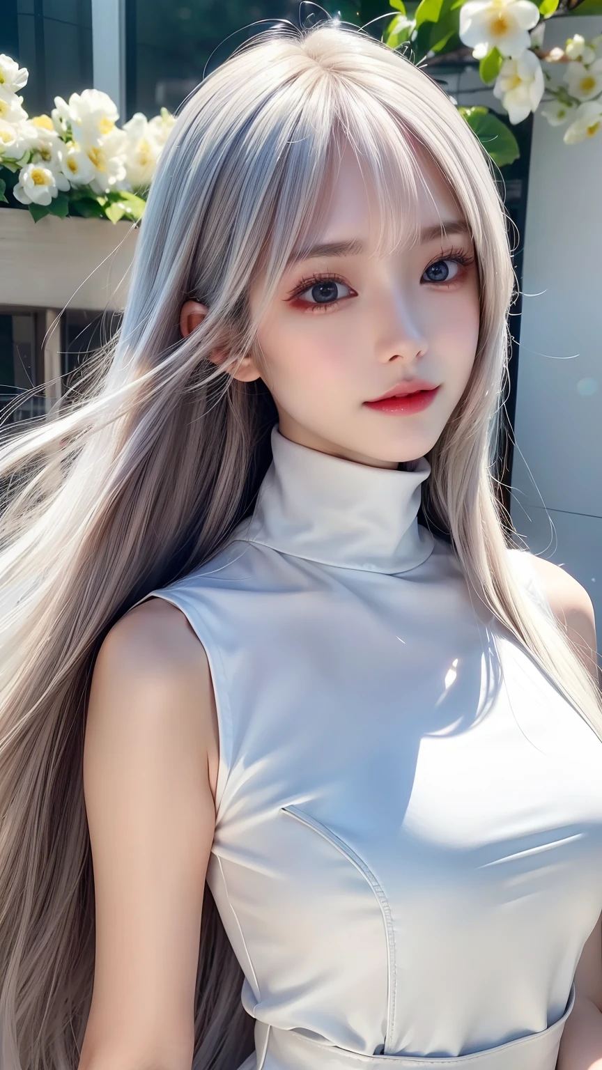 ((From the waist up))((masterpiece:1.5、8k、Portraiture、Photorealistic and highly detailed CGI、Very detailed、Particle Effects、Dynamic Effects、Written boundary depth、Cinematic Light、Lens flare、Ray Tracing、Tabletop、Realistic:1.4、Ultra-high resolution:1.2、Realistic、Realistic))((alone、,Woman in turtleneck dress:1.4、Model-like pose:、Side bust、Ample breasts、Detailed face、brightexpression、young, bright, Whiter skin、Best Looks、Ultimate beauty、White hair with glossy highlights:1.8、bright and shiny hair,、Super long, Silky straight hair、Hair swaying in the wind))(Wonderful transparent flowers々Surrounded by、White Background、Great background、Delicate petals fluttering down)