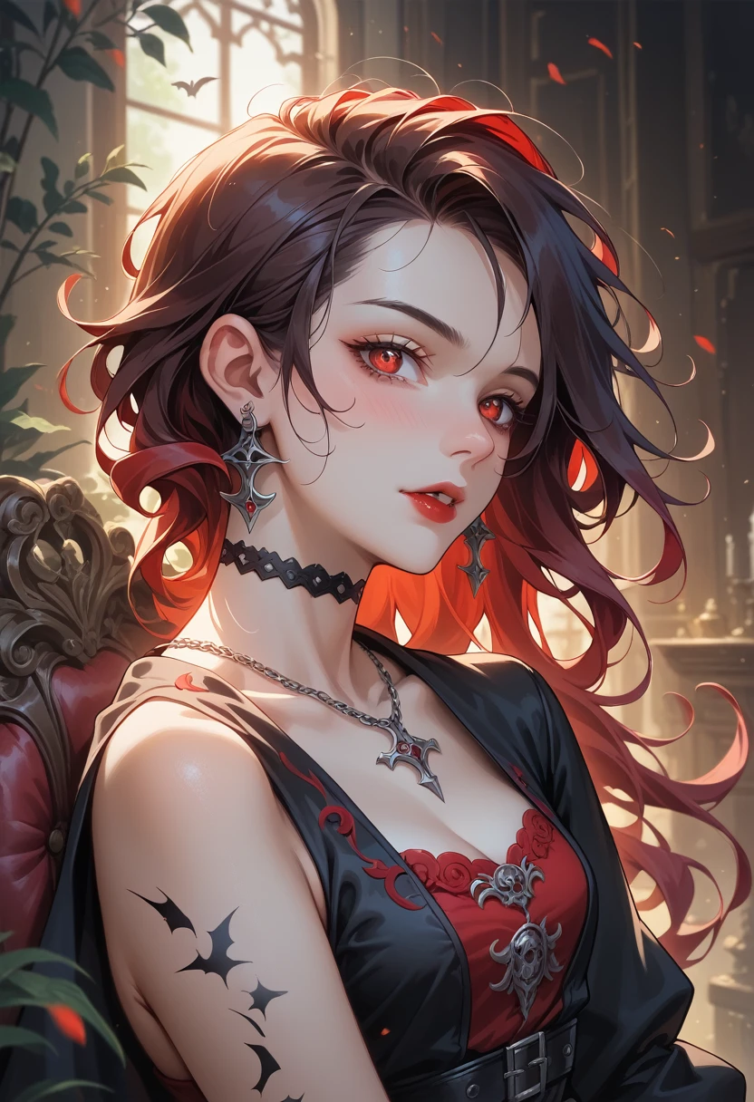 Anime girl with red hair and black dress sitting on a chair, Artgerm and rossdraws, extremely detailed Artgerm, Artgerm. Anime Illustrations, style Artgerm, dark fantasy art, ig model | Artgerm, vampire girl, Artgerm detailed, Artgerm. high detail, Artgerm on artstation pixiv