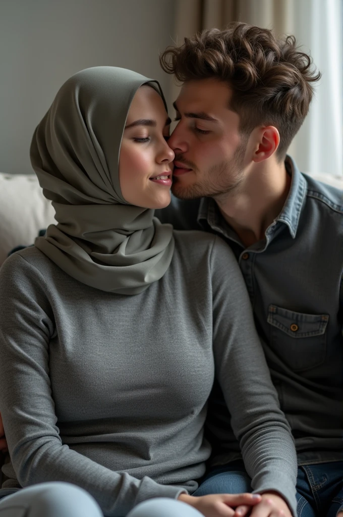 A hijab girl sitting, big breast, grey sweater, fair girl, slim body, sucking dick of his boyfriend 