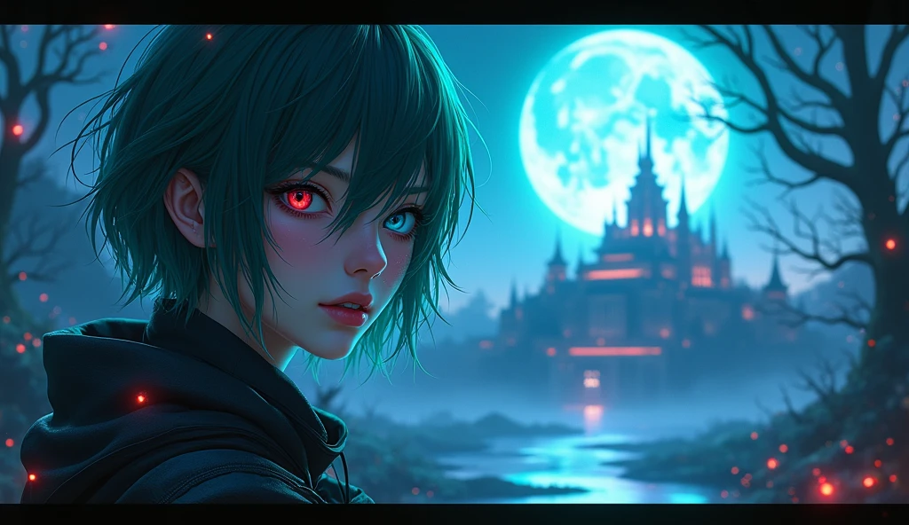 This is、Ultra detailed CG Unity 8K wallpaper, high-resolution and top quality in cyberpunk style, Black and blue dominate. in the picture, Beautiful girl with green messy short hair,Red right eye and blue left eye、 delicated face, Stars shining in the night sky and a big moon,Fantasy world with fantastic scenes, Ancient Forest、Magic Lake、A glittering palace is behind the girl、Social realism, Hyper-Realism, Cinematic lighting, Lens Flare, ultra wide-angle