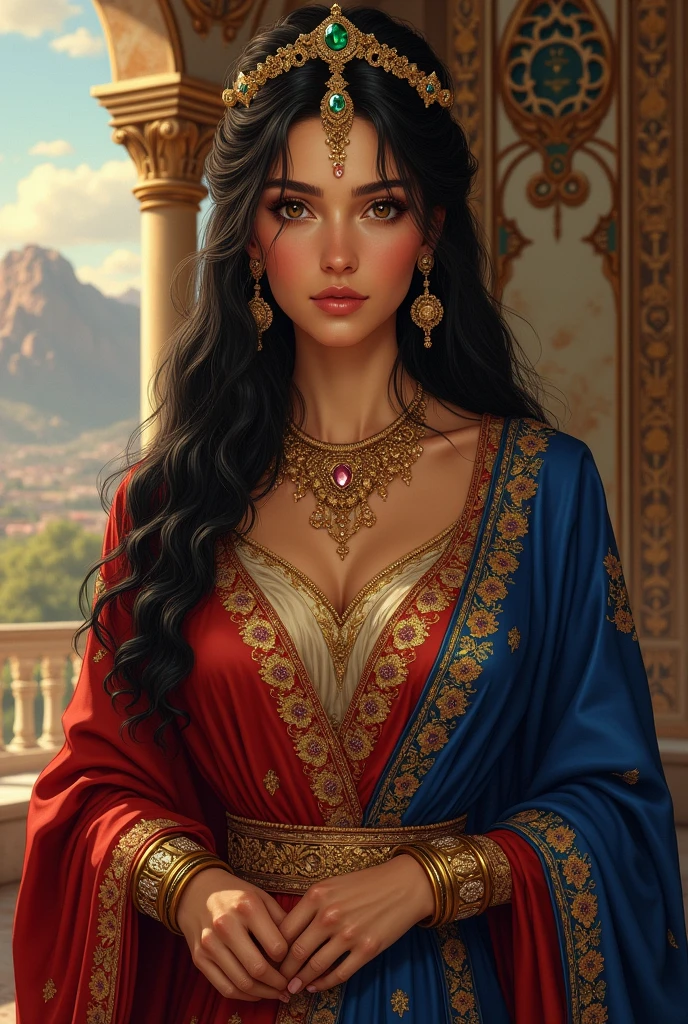 "Create a detailed portrait of Roxana, the ancient Bactrian princess, with an oval-shaped face and smooth, warm olive-toned skin. She has large, almond-shaped dark brown eyes with thick, naturally arched eyebrows, and a hint of kohl around her eyes for added emphasis. Her lips are full, with a natural pinkish hue, and her expression is gentle and regal.
Her long, wavy black hair flows gracefully down her back or is styled in a sophisticated updo, adorned with delicate gold ornaments or a jeweled headpiece. She wears a luxurious Bactrian gown made of silk in deep royal blue or crimson red, richly embroidered with intricate gold patterns. The gown has long sleeves and a flowing skirt, with a light veil draped over her shoulders.
Roxana is adorned with opulent gold jewelry, including a tiara with precious gemstones, large earrings, a multi-layered necklace with emeralds and rubies, and several gold bangles on her wrists. A delicate, ornate belt cinches her waist, emphasizing the elegance of her attire.
The background should reflect the luxurious setting of an ancient Bactrian palace, with intricate Persian-inspired patterns, marble columns, and lush tapestries. Alternatively, she could be depicted outdoors with the majestic mountains or fertile valleys of Bactria in the background, bathed in the soft, warm light of the setting sun."