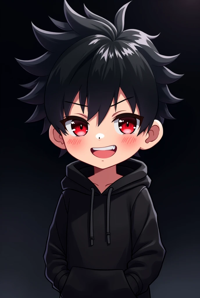 Black background , Anime boy , black Spiky hair , black hoodie , red eyes , narrowed eye , happy , chibi , blushed , dark black back ground