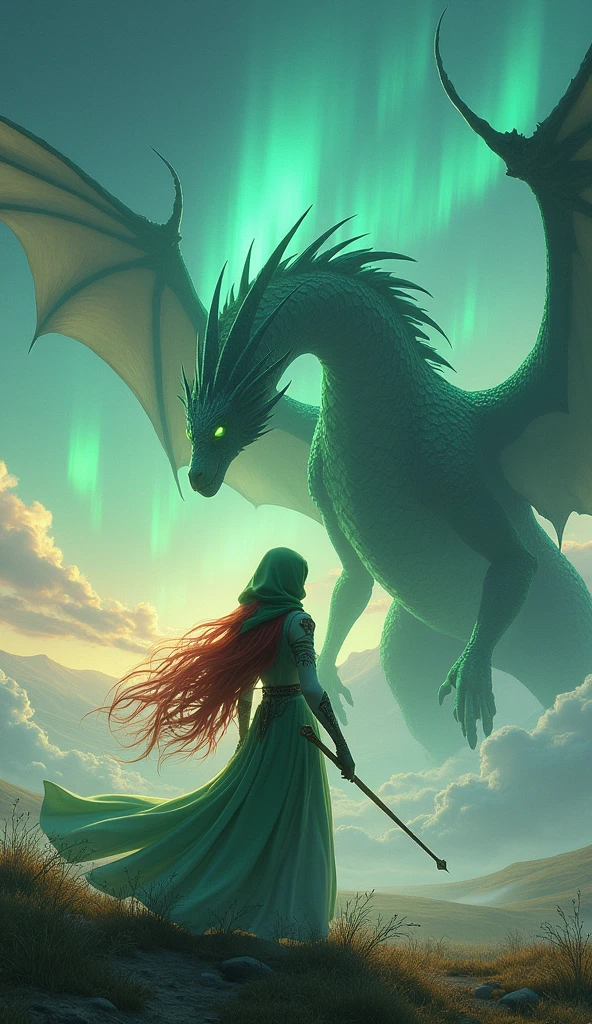 In a vast, mystical landscape, where the sky shimmers with the colors of the evening aurora, the graceful summoner Seraphina stands. Her long, flowing red hair is topped with a green hood, and her piercing green eyes are filled with determination. Her elegant robe, made of pale green cloth with magical symbols embroidered on the sleeves, billows gently in the breeze. In her hand is a staff that glows faintly with mystical energy. *
*Seraphina summons Bahamut, a massive dragon with scales that shimmer like obsidian, radiating overwhelming power and preparing to unleash a devastating megaflare.*