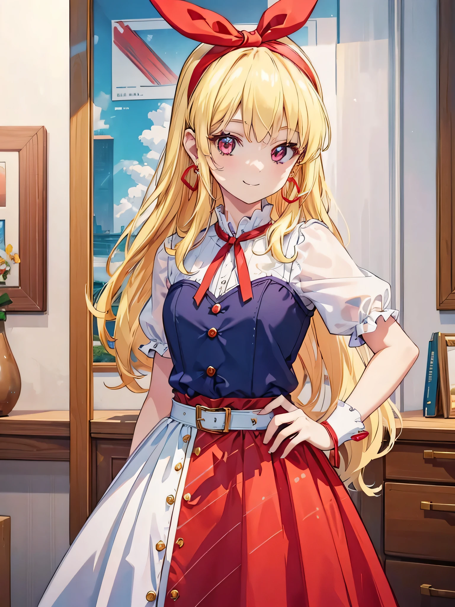 (RED Ribbon on HAIRband:1.2),cowboy shot,,a young GIRL with Blonde hair, smiling, posing on the ROOM, 1girl, jewelry, earrings, solo, realistic, hoop earrings, outdoors, looking at viewer, smile, Blonde hair,