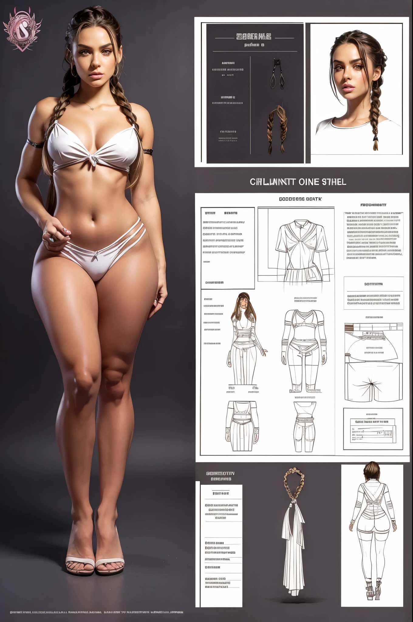 fullbody Character Design Sheet , a gorgeous woman with seductive eyes and pouty lips, braided pigtails , character reference sheet, character turn around,show women, 35 years old,