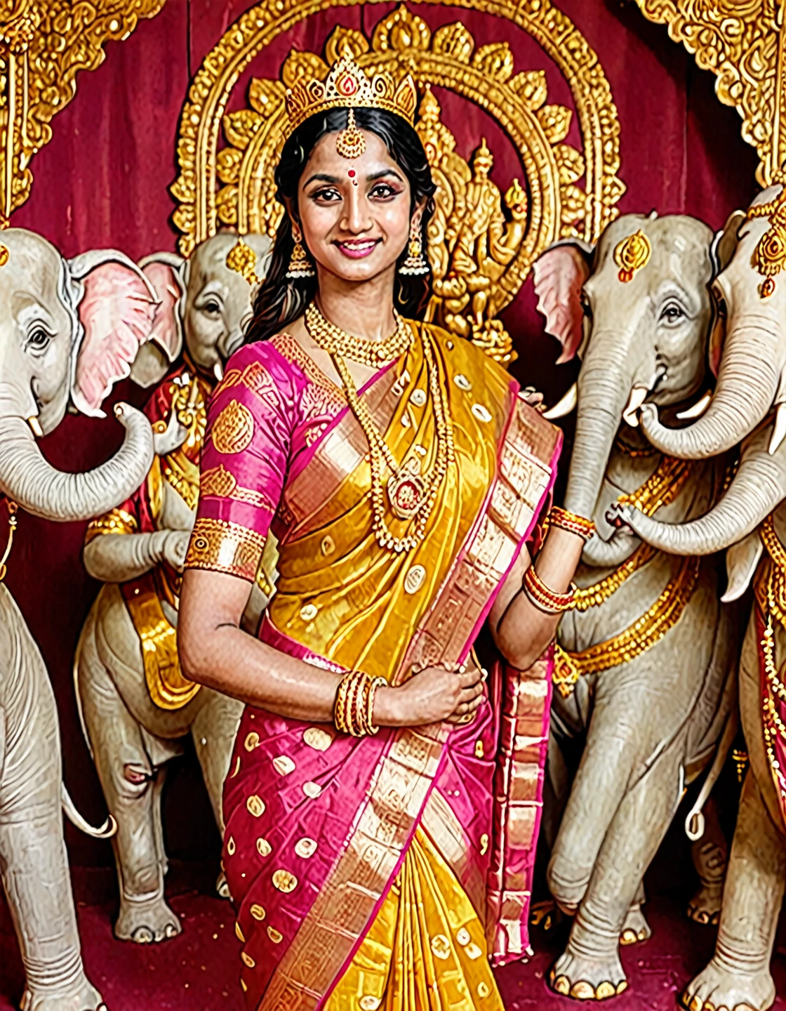 
beautiful Goddess Lakshmi aa de armas in a yellow pink red and golden silk saree with golden ornaments princess golden crown, surrounded by white elephants and a water lotus. smiling happy young and looking at camera and blessing with one hand with lot of gold coins