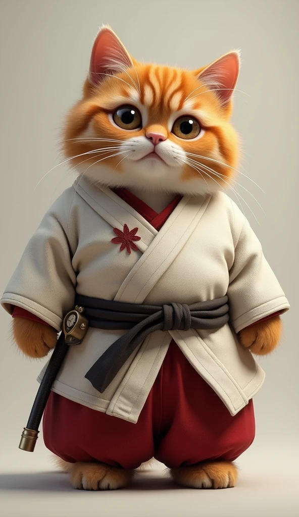 Photorealistic, 64K, A cute fat cat wearing a [kenshin himura costume], standing up,